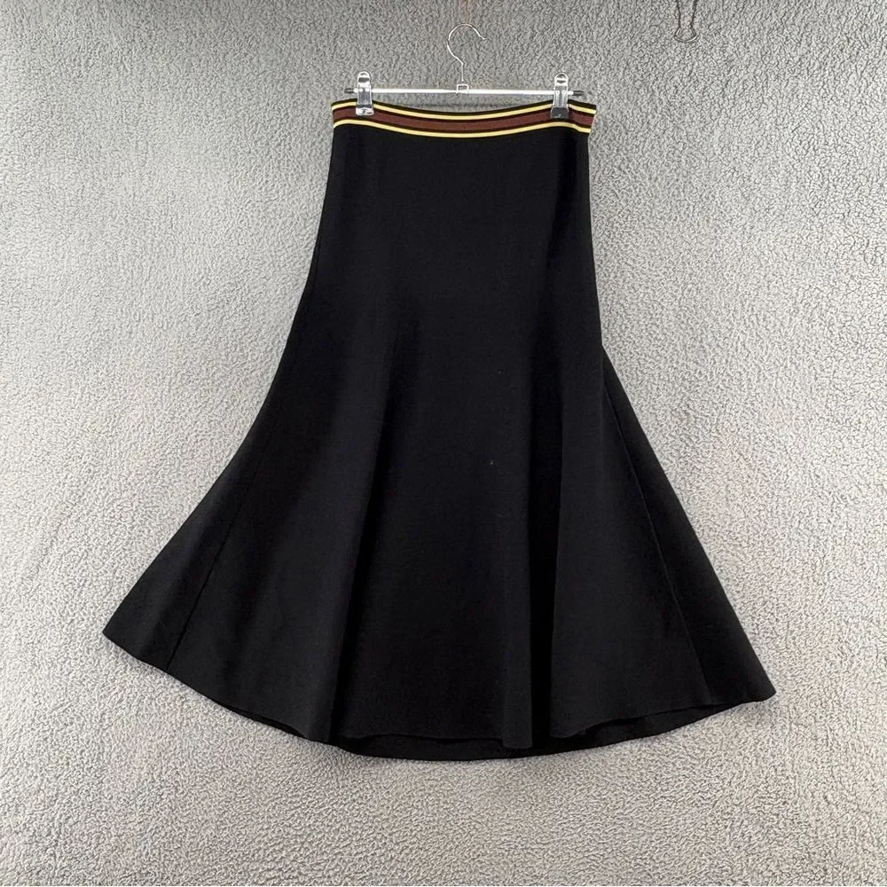 Sandro Paris Black Knit Midi Flare Skirt Striped Waist Size 2